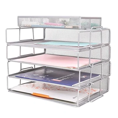 Afbeelding van Exerz 5 stuks metalen mesh bureau organizer, stapelbare papiersorteerder met 4 niveaus accessoire 3 vakken, multifunctioneel/aktetas voor kantoor, school, studie, ruimtebesparend,