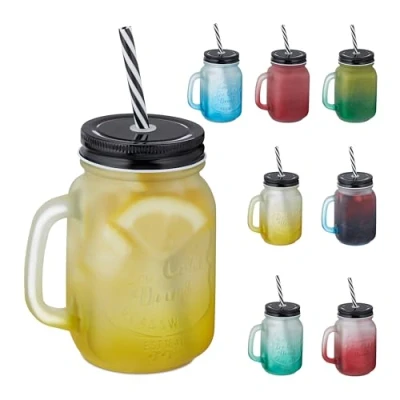 Afbeelding van Relaxdays drinkglazen met rietje en deksel set van 8 400 ml limonaglazen glas