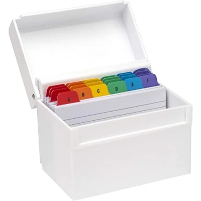 Afbeelding van OSCO Witte indexbox van glanzend kunststof, klein, scheidingsplaten A tot Z, inclusief 100 gelinieerde kaarten (12,7 x 7,6 cm), flashkaarten voor revisie, receptennotities, classificatie de