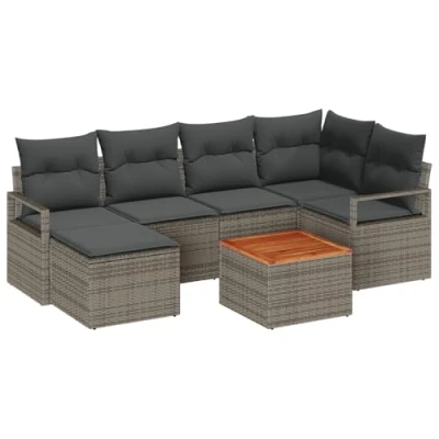 Afbeelding van vidaXL 7 delige tuinsofa set met kussens grijs poly rattan acacia