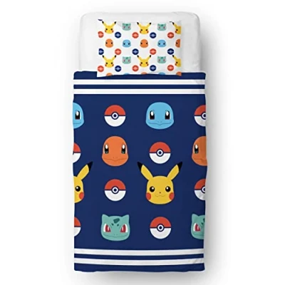 Afbeelding van Pokemon Officiële Single Dekbedovertrek Set 2 zijdig omkeerbaar blauw badges ontwerp, slaapkamerbereik met bijpassende kussensloop (enkel)