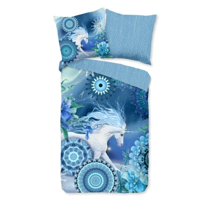 Afbeelding van Dekbedovertrek voor Kinderen 135x200 cm Mandala&#039;s en Eenhoorn Print Blauw 1 Persoons 100% Katoen Flanel