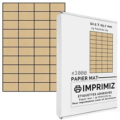 Afbeelding van 1000 zelfklevende etiketten Kraft naturel, 52,5 x 29,7 mm, 40 etiketten/vel, voor laser en inkjetdruk, 25 vellen A4 gekleurd papier