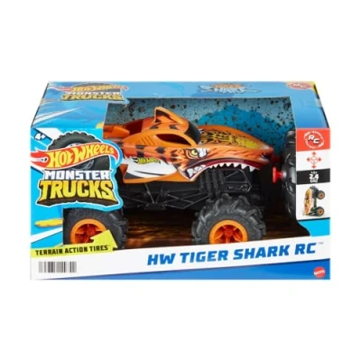 Afbeelding van Hot Wheels HW Tiger Shark RC Monster Trucks op afstand bestuurbaar in schaal 1:24, volledig bestuurbare speelgoedtruck met offroad functie en terreinbanden voor actie banden, HNV03