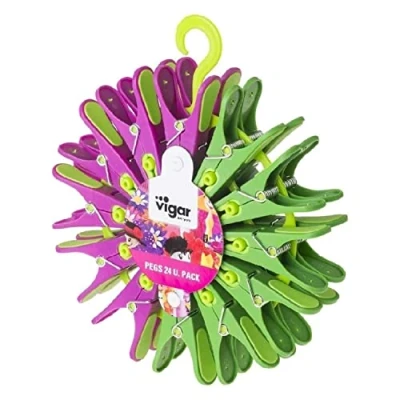 Afbeelding van VIGAR Set van 24 wasknijpers 8 x 2 cm Model Flower Power Roestvrijstalen veertang Ideaal voor het uitbreiden kleding Roze en groen