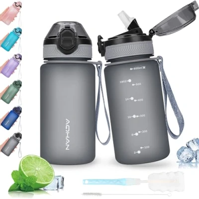 Afbeelding van AOHAN 600 ml waterfles met lekvrij klapdeksel, BPA vrij, sportwaterfles rietje, vaatwasmachinebestendig, niet giftige draagriem