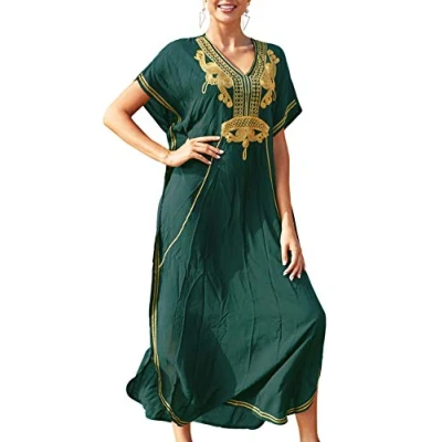 Afbeelding van YouKD Zomer Katoen Geborduurde Bloemen Losse Kaftan Boho Strand Bikini Cover Jurk Plus Size voor Vrouwen, en groen