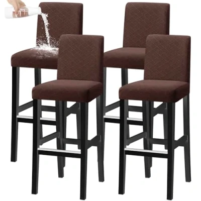 Afbeelding van KELUINA Set van 4 rekbare stoelhoezen voor barkrukken, afneembaar, wasbaar, korte en draaibare eetkamerstoelen, bruin