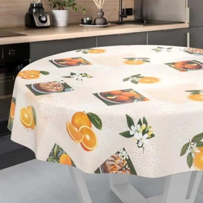 Afbeelding van Afwasbaar tafelzeil, tuintafelkleed, voor binnen en buiten, rond, 140 cm, met snijrand, oranje