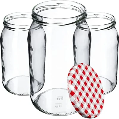 Afbeelding van KADAX Weck Set van 48 glazen potten om in te steken met schroefdeksel, gebruiken als jampot, voorraadpot, inmaakpot, rood geruit
