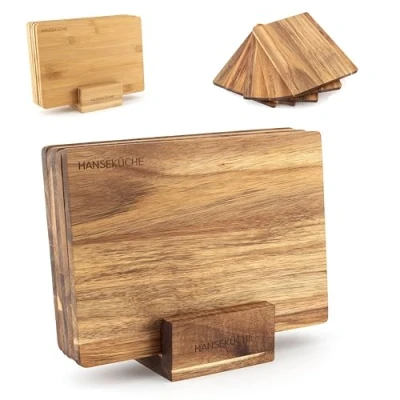 Afbeelding van Hanseküche Set van 5 snijplanken hoogwaardig acaciahout, grote snijplank met sapgroef, massieve keukenplank (acacia)