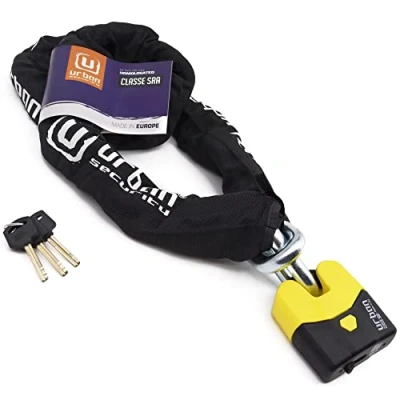 Image de URBAN U8K150 Chaine Antivol pour Moto SRA Homologué, Haute Sécurité, Acier Trempé ø15mm, Double Verrouillage, Serrure Anti Crochetage, 150cm Fixation dans Garage ou Velo Électrique