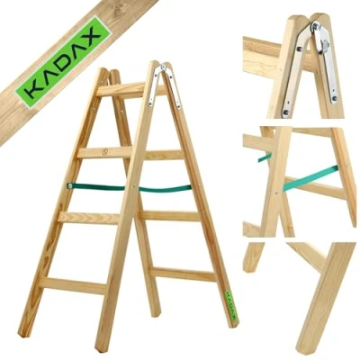 Afbeelding van KADAX Houten ladder, belastbaar tot 150 kg, inklapbaar, dubbele trap met stalen haak, voor elektricien en huishouden (4 treden)
