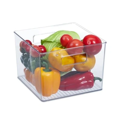 Afbeelding van Relaxdays koelkast organizer met handgrepen doorzichtige opbergbak hoog bakje