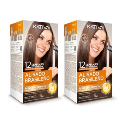 Image de Kativa Pack 2 Lissage Brésilien Nouvelle Formule à l&#039;acide hyaluronique Traitement professionnel domicile Jusqu&#039;à 12 semaines de durée kératine végétalienne
