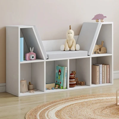 Image de Bibliothèque banc OSCAR 6 cases avec coussins gris 102 cm blanc