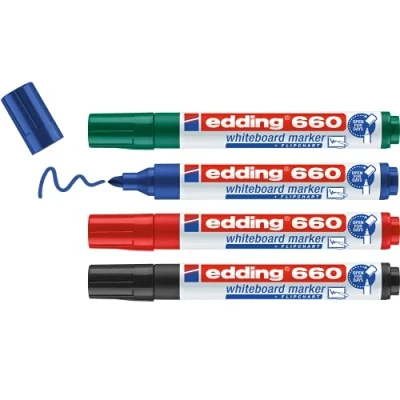 Afbeelding van edding 660 whiteboard marker, meerkleurig, 4 stiften voor whiteboard, ronde punt 1,5 3 mm, droog afwasbaar, flipcharts, magneetbord, schetsbord, navulbaar