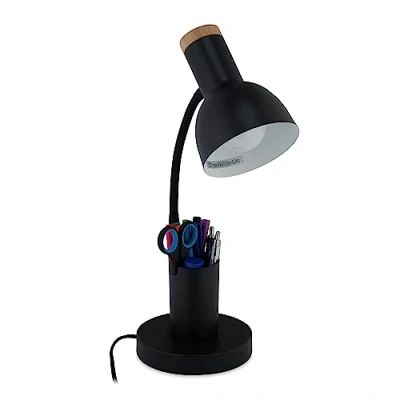 Afbeelding van Relaxdays bureaulamp met pennenbak zwarte tafellamp e27 ronde leeslamp nachtkastje