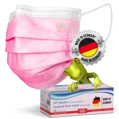 Afbeelding van kela, 50 medische chirurgische roze maskers Made in Germany voldoet aan DIN en 14683 type IIR BFE &gt;99,8% 3 laags wegwerp mond neusbescherming