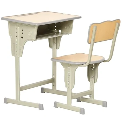Afbeelding van HOMCOM Kinderbureau, vintage, schoolstandaard, set bureau en stoel, verstelbaar, opbergtas, beugel, pennenhouder, staal, kaki, MDF, licht houtlook