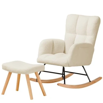 Afbeelding van COMHOMA Schommelstoel, relaxstoel met armleuningen, pluche pluche, belastbaar tot 150 kg, ligstoel voor slaapkamer, beige voetensteun