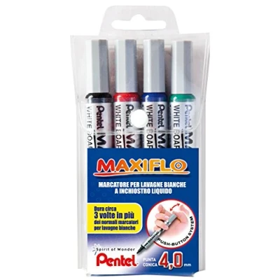 Afbeelding van Pentel MWL5S Maxiflo Whiteboard marker, 4,0 mm, 4 stuks, zwart/rood/blauw/groen
