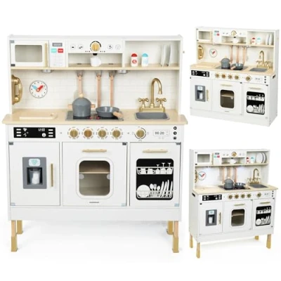 Afbeelding van Mamabrum Houten kinderkeuken met ledverlichting, XXL interactief speelgoed magnetron, vaatwasser, koffiezetapparaat, oven, gootsteen, kraan en accessoires