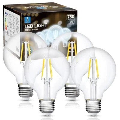 Afbeelding van Aigostar Edison LED lamp, retro, vintage, E27, 6 W, komt overeen met 57 W halogeenlamp, 750 lumen, koud wit 6500 K, decoratieve lamp G80, hoek van 300 graden, CRI ≥ 80, 4 stuks