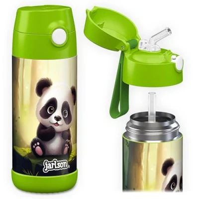 Afbeelding van Jarlson® Charli Roestvrijstalen thermosfles met rietje voor kinderen, 350 ml, TÜV getest, BPA vrij, waterdicht, school, kleuterschool, panda