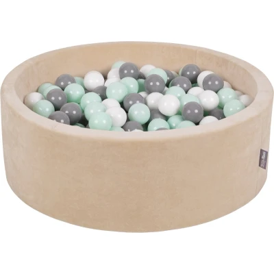 Afbeelding van KiddyMoon Velours ballenbad 90 x 30 cm / 200 ballen met een diameter van 7 cm, rond, gemaakt in de EU, zandbeige: Wit/grijs/muntgroen