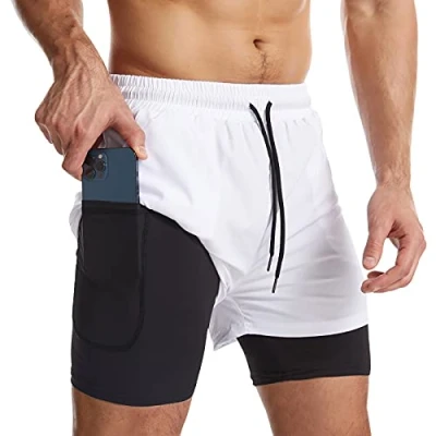 Afbeelding van Danfiki 2 in 1 sportshorts voor heren, ademend, met zakken, sneldrogende sportbroek zak, sportlegging, basislaag stretch, Kleur: wit