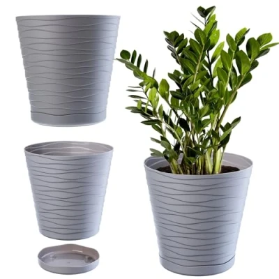 Afbeelding van KADAX bloempot met onderzetter, voor binnen, lichte van kunststof, ronde bloemen en planten, huis, 21 cm, grijs