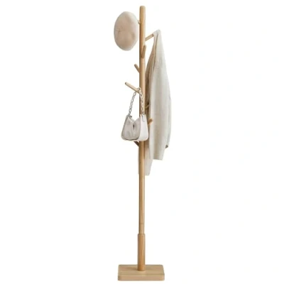 Afbeelding van VASAGLE Kapstok van massief hout in boomvorm, 8 haken, voor jassen, hoeden, hal, haken en steunstang rubberhout, natuurlijk beige RCR010N01