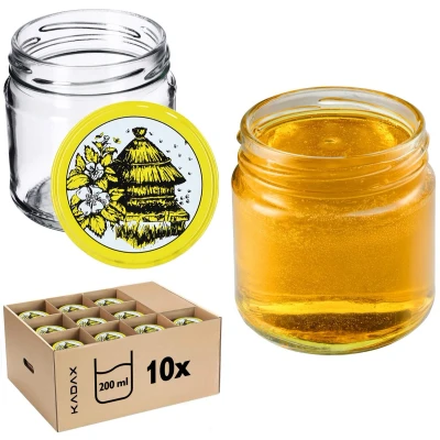 Afbeelding van KADAX Kleine inmaakpotten, 200 ml, luchtdicht, rond, FI66 mm, jampotten, bokalen, minipotten voor honing en kruiden, 10 stuks, bijenkorfmotief