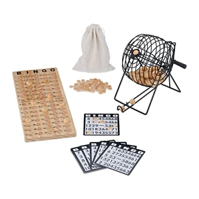 Afbeelding van Relaxdays Bingospel, trommel, 75 ballen, 18 kaarten, 150 chips, speelbord, kinderen en volwassenen, natuurlijk hout, zwart