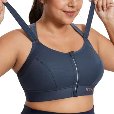 Afbeelding van SYROKAN Sportbeha voor dames met verstelbare ritssluiting aan de voorkant, klittenbandsluiting, racerback, grote maat, zonder beugel, gevoerd, volledig silhouet, Inkt blauw
