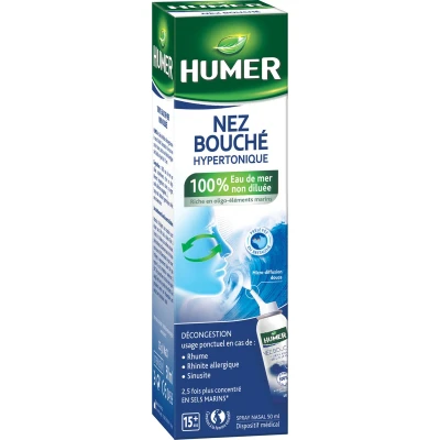 Afbeelding van Humer Neusspray Volwassenen 100% zeewater Hypertoon Verstopte neus vanaf 15 jaar 50ml