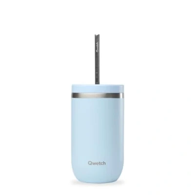 Afbeelding van Qwetch Cold Cup Thermosbeker, 470 ml, pastelblauw, 24 uur ijskoud en 12 koud gerecycled roestvrij staal, spatwaterdicht ideaal voor verse dranken, Bubble Tea ijskoffie