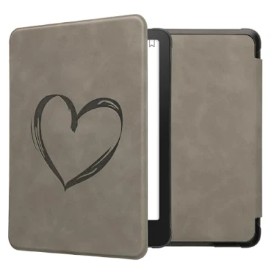 Afbeelding van kwmobile e reader hoesje geschikt voor Amazon Kindle Paperwhite (12. Gen 2024)/Kindle Colorsoft hoes Ereader flip case met standaard Kunstleren cover Brushed Hart design in grijs