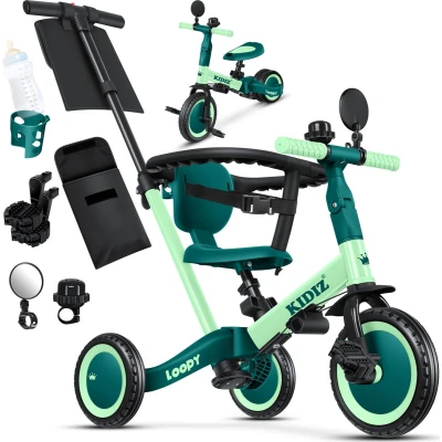 Afbeelding van KIDIZ® 6 in 1 driewieler, voor kinderen van tot 5 jaar, belastbaar 25 kg, met stuur, veiligheidsgordel, bel en spiegel, groen