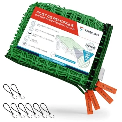 Afbeelding van TRIBURG aanhangernet 2 x 4 m met 8 expansiehaken, hoekmarkeringen en versterkte rand rubberen spanners haken