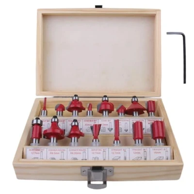 Afbeelding van YIDM Set van 15 professionele frezen voor bovenfrees met 8 mm schachtfrees, houtbewerkingsgereedschap moersleutel, houtaccessoires opbergkoffer