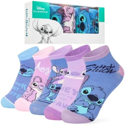 Afbeelding van Disney Set van 5 paar sokken voor meisjes, zacht, ademend, Stitch, Roze/Blauw Stitch