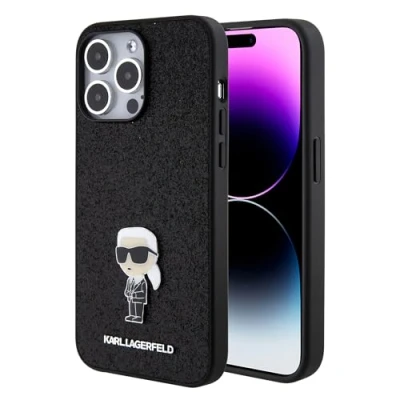 Afbeelding van Karl Lagerfeld Fixed Glitter Ikonik Logo Metalen Pin Case voor iPhone 15 Pro Max Zwart