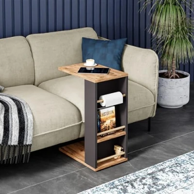 Afbeelding van Bijzettafel Siikainen laptoptafel met horizontale spijlen en wielen 44x29x65 cm houtkleurig zwart