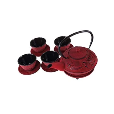 Afbeelding van lachineuse Gietijzeren Chinese Draak Theeservies 1 Theepot, 4 Kopjes &amp; Zetfilter Inhoud 0,8 L Japanse Aziatische Decoratie Cadeau idee Japans Servies Kleur: Rood