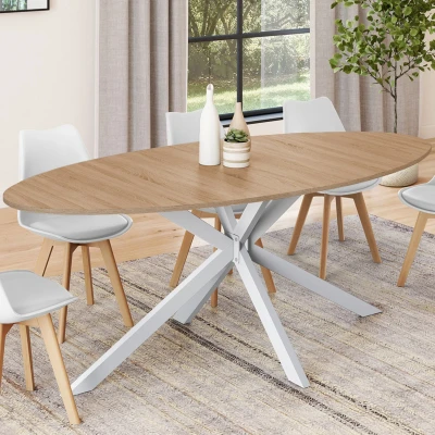 Afbeelding van ALIX ovale eettafel voor 10 personen met houten en witte spinpoten 200 cm