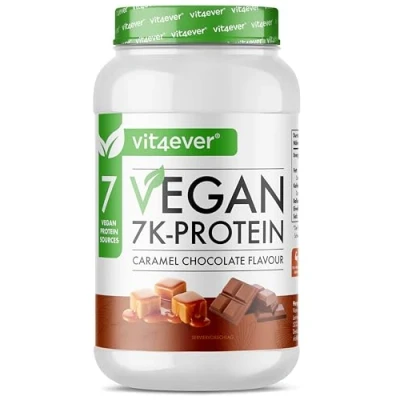 Afbeelding van Vit4ever Vegan 7K Protein 1kg Chocolade karamel Zuiver plantaardig proteïnepoeder met rijst , amandel soja erwten hennep cranberry en zonnebloemproteïnen