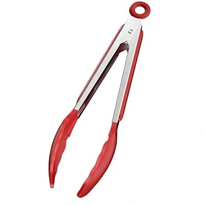 Afbeelding van Newaner Keukentang van 9 inch roestvrij staal, grilltang met siliconen opzetstukken, tang levensmiddelenkwaliteit, slot en antislip handgreep (rood)