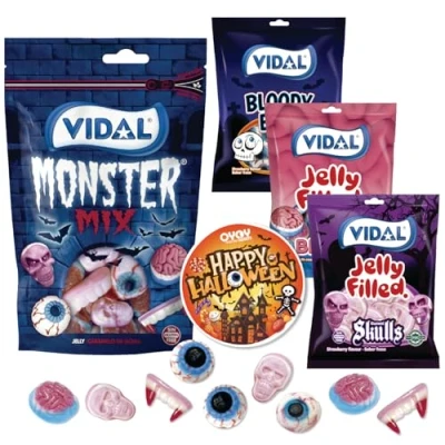 Afbeelding van OYOY Halloween snoepmengset, 450 g, waarvan 90 g doodshoofden, bloederige ogen, hersenen, 180 monstermix en griezelige sticker
